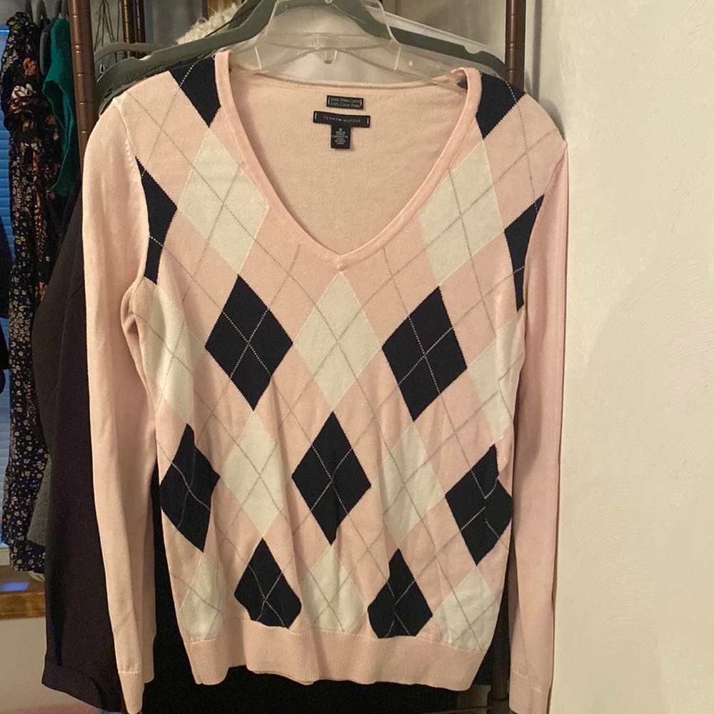 Pink argyle sweater - navy & white with grey “stitch” detail.